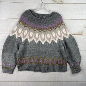 Hand Knitted Womens M L Wool Sweater Gray Pink Fair Isle Icelandic Yoke Pattern